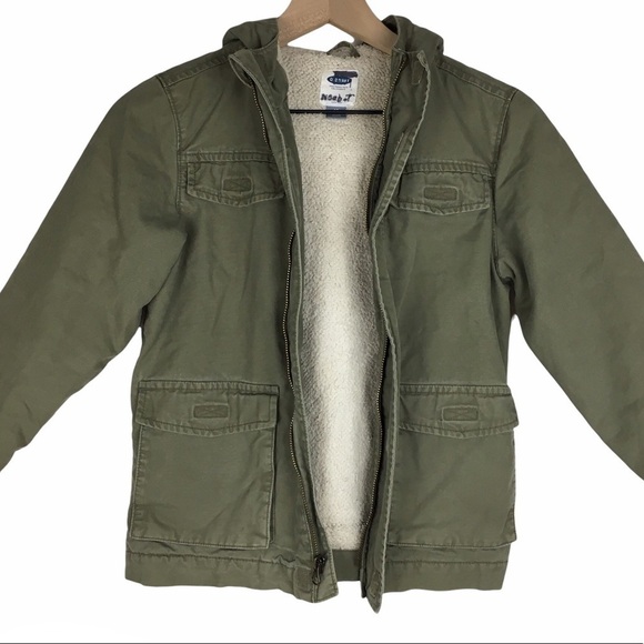 OLD NAVY Jacket Kid’s Olive Field Military Style Twill Sherpa Size Small 6-7 - Picture 4 of 15